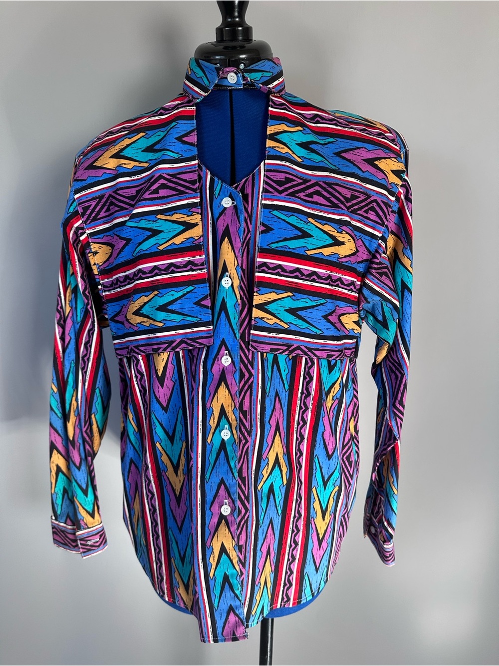 Vintage Western Multicolor Patterned Button-Up Shirt Vibrant Blue, Purple & Pink